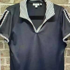 Chico's Navy Polo Top with Stripe-Trim Collar